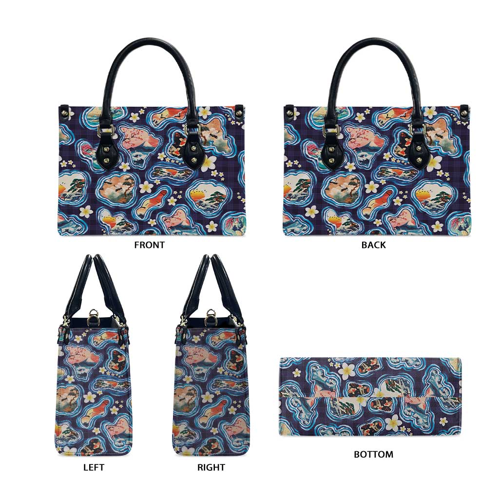 Hawaii Islands Map Design with Japanese Landscape Leather Bag Hawaiian Japan Fusion Art Navy Color