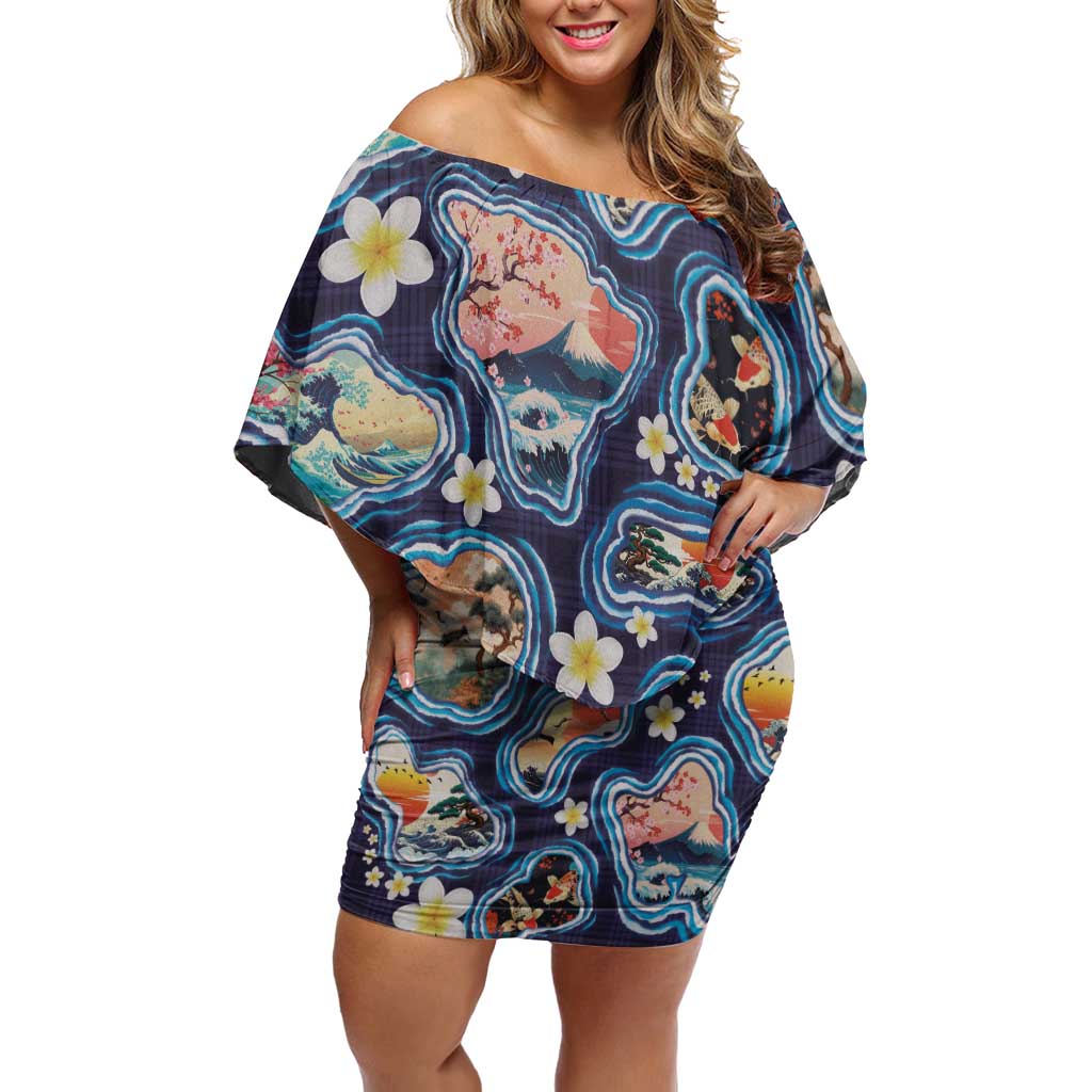 Hawaii Islands Map Design with Japanese Landscape Off Shoulder Short Dress Hawaiian Japan Fusion Art Navy Color