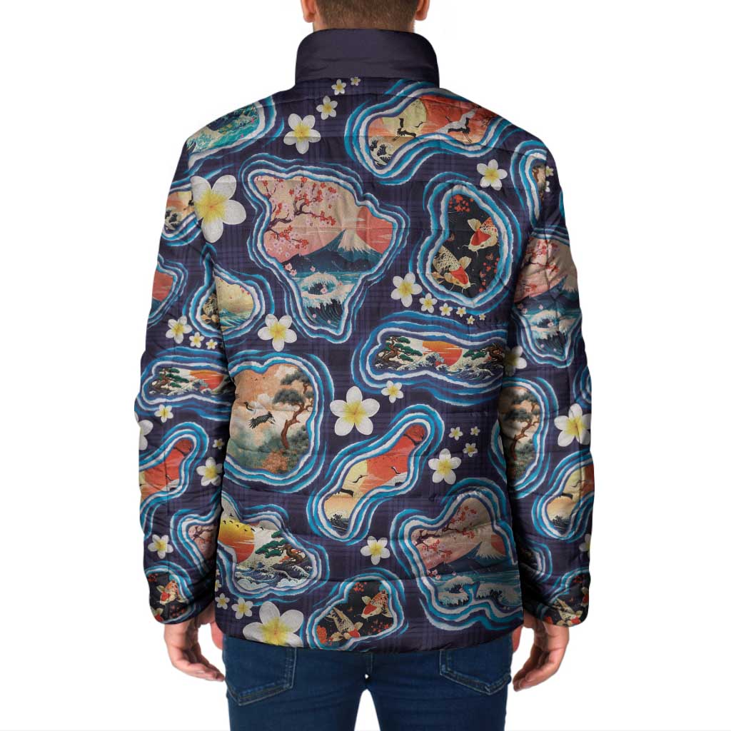 Hawaii Islands Map Design with Japanese Landscape Padded Jacket Hawaiian Japan Fusion Art Navy Color