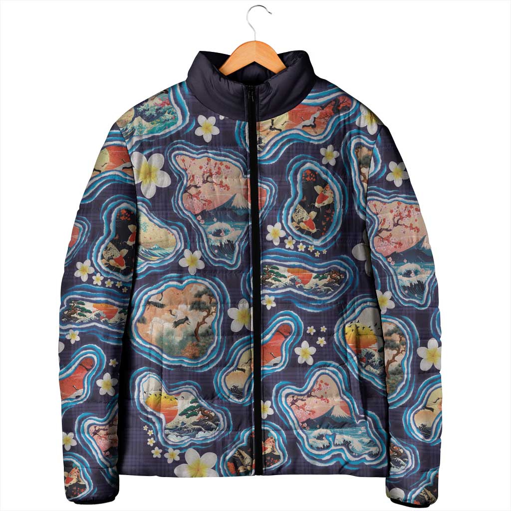 Hawaii Islands Map Design with Japanese Landscape Padded Jacket Hawaiian Japan Fusion Art Navy Color