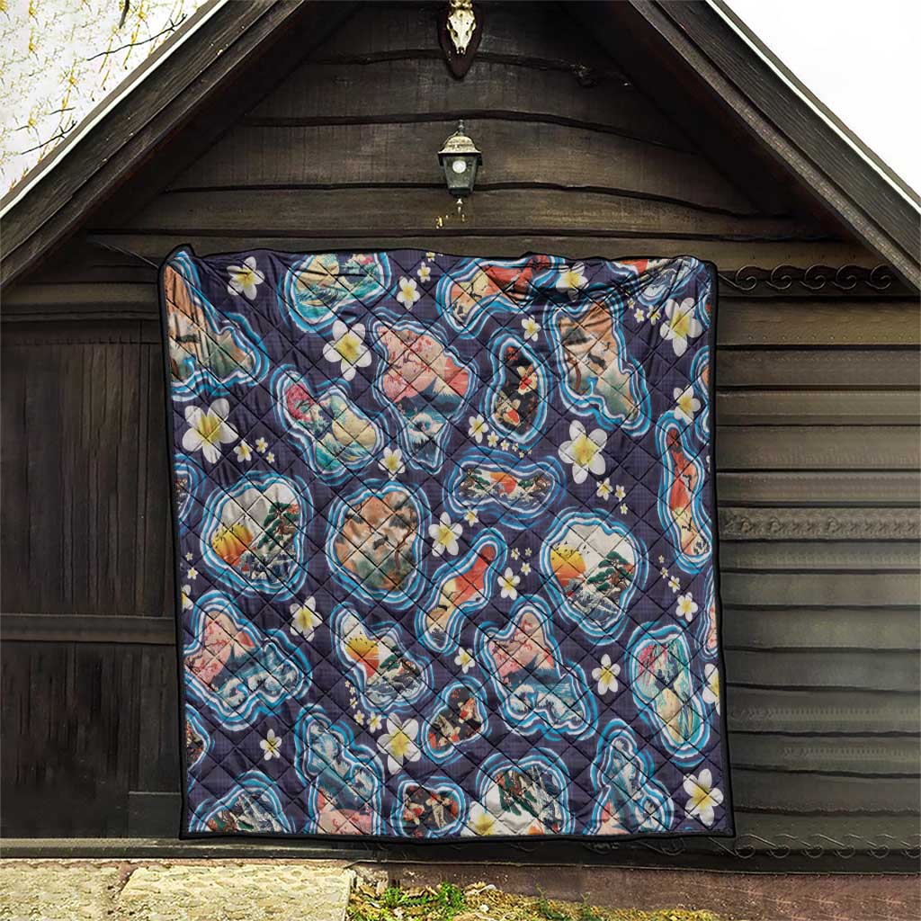 Hawaii Islands Map Design with Japanese Landscape Quilt Hawaiian Japan Fusion Art Navy Color