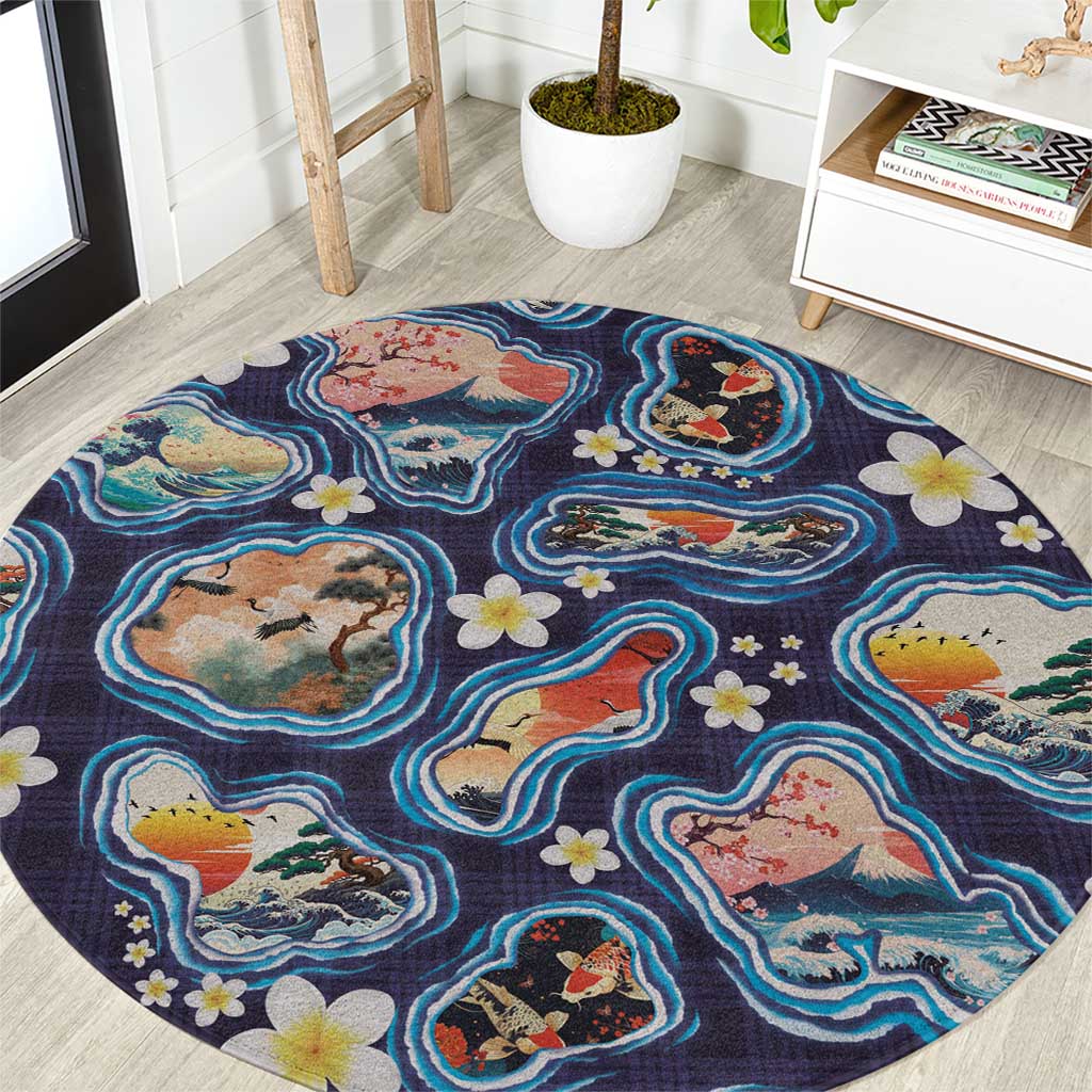 Hawaii Islands Map Design with Japanese Landscape Round Carpet Hawaiian Japan Fusion Art Navy Color