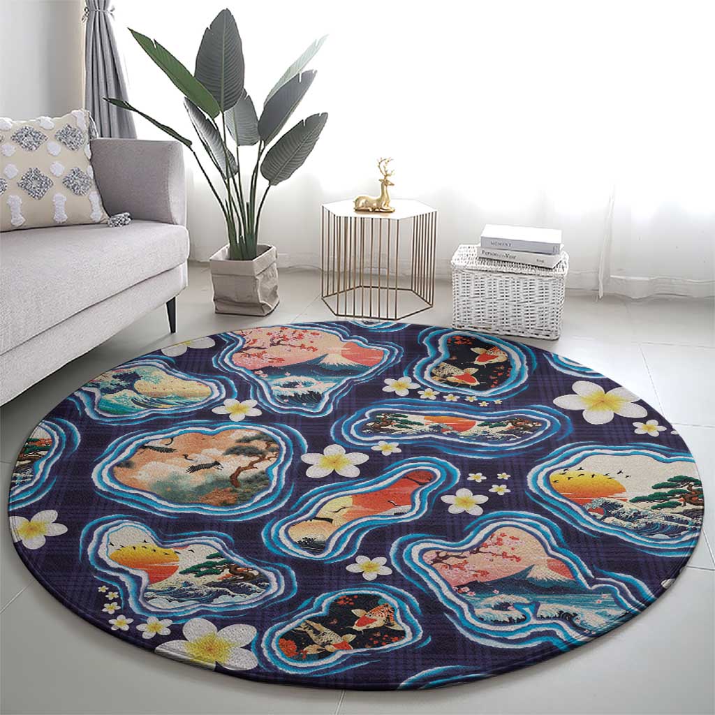 Hawaii Islands Map Design with Japanese Landscape Round Carpet Hawaiian Japan Fusion Art Navy Color