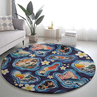 Hawaii Islands Map Design with Japanese Landscape Round Carpet Hawaiian Japan Fusion Art Navy Color