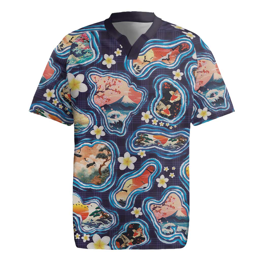 Hawaii Islands Map Design with Japanese Landscape Rugby Jersey Hawaiian Japan Fusion Art Navy Color