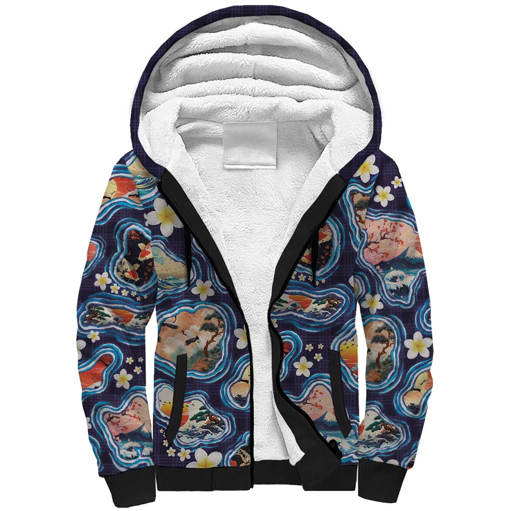 Hawaii Islands Map Design with Japanese Landscape Sherpa Hoodie Hawaiian Japan Fusion Art Navy Color