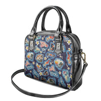 Hawaii Islands Map Design with Japanese Landscape Shoulder Handbag Hawaiian Japan Fusion Art Navy Color