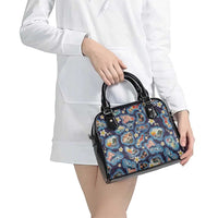 Hawaii Islands Map Design with Japanese Landscape Shoulder Handbag Hawaiian Japan Fusion Art Navy Color