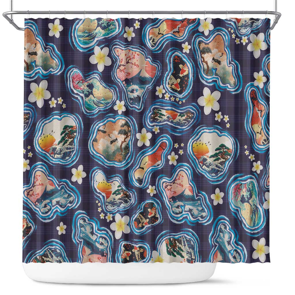 Hawaii Islands Map Design with Japanese Landscape Shower Curtain Hawaiian Japan Fusion Art Navy Color