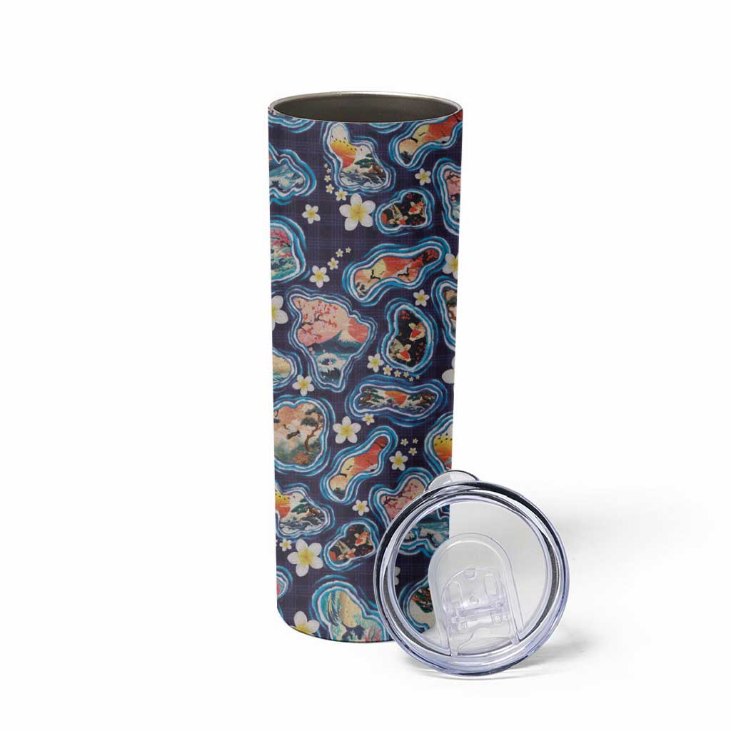 Hawaii Islands Map Design with Japanese Landscape Skinny Tumbler Hawaiian Japan Fusion Art Navy Color