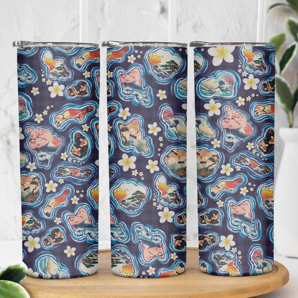 Hawaii Islands Map Design with Japanese Landscape Skinny Tumbler Hawaiian Japan Fusion Art Navy Color