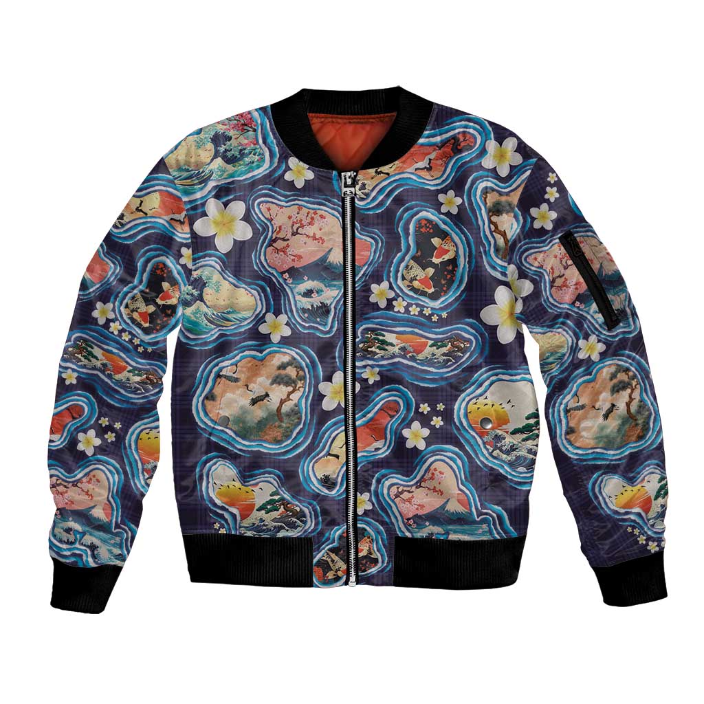 Hawaii Islands Map Design with Japanese Landscape Sleeve Zip Bomber Jacket Hawaiian Japan Fusion Art Navy Color