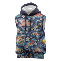 Hawaii Islands Map Design with Japanese Landscape Sleeveless Hoodie Hawaiian Japan Fusion Art Navy Color