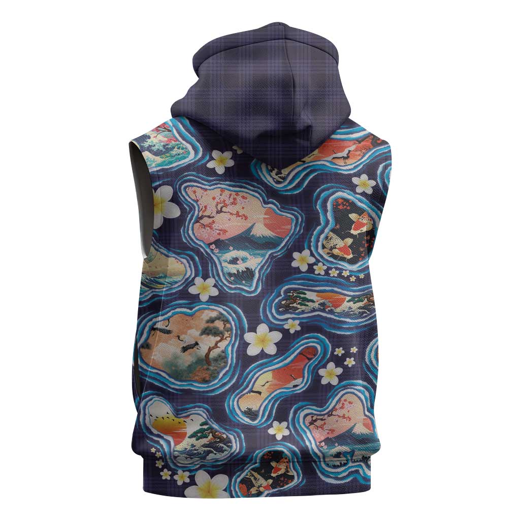Hawaii Islands Map Design with Japanese Landscape Sleeveless Hoodie Hawaiian Japan Fusion Art Navy Color