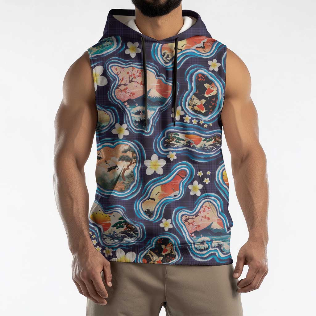 Hawaii Islands Map Design with Japanese Landscape Sleeveless Hoodie Hawaiian Japan Fusion Art Navy Color