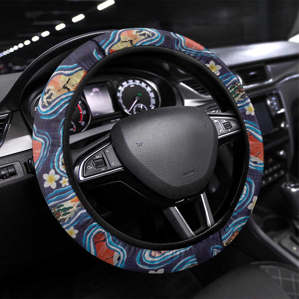 Hawaii Islands Map Design with Japanese Landscape Steering Wheel Cover Hawaiian Japan Fusion Art Navy Color