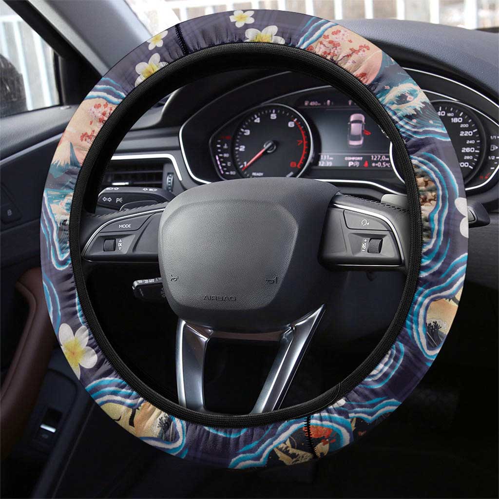 Hawaii Islands Map Design with Japanese Landscape Steering Wheel Cover Hawaiian Japan Fusion Art Navy Color