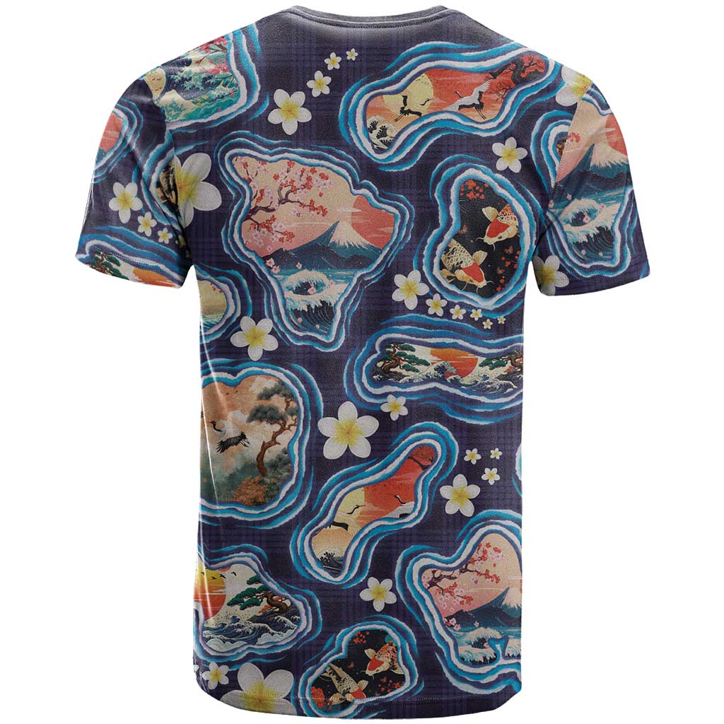 Hawaii Islands Map Design with Japanese Landscape T Shirt Hawaiian Japan Fusion Art Navy Color