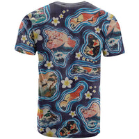Hawaii Islands Map Design with Japanese Landscape T Shirt Hawaiian Japan Fusion Art Navy Color