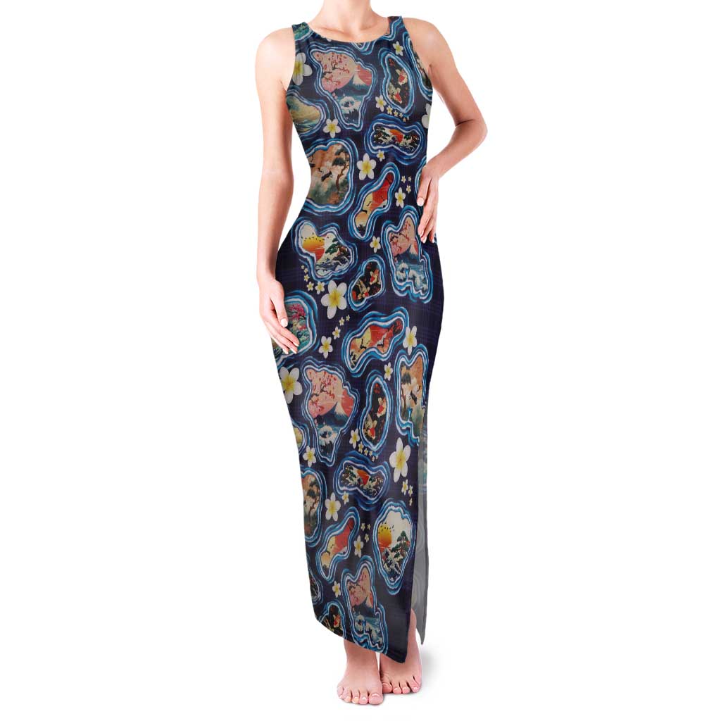 Hawaii Islands Map Design with Japanese Landscape Tank Maxi Dress Hawaiian Japan Fusion Art Navy Color