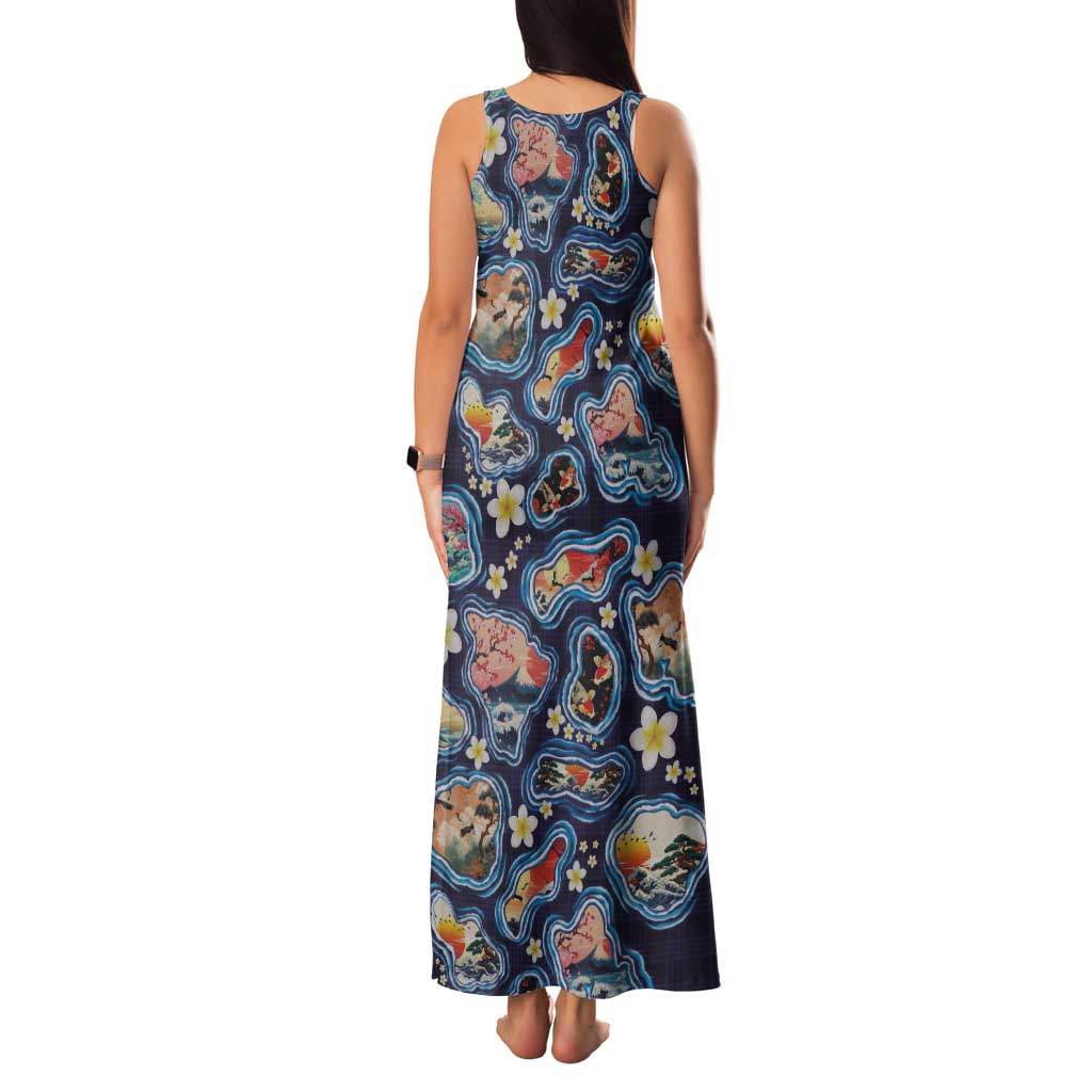 Hawaii Islands Map Design with Japanese Landscape Tank Maxi Dress Hawaiian Japan Fusion Art Navy Color