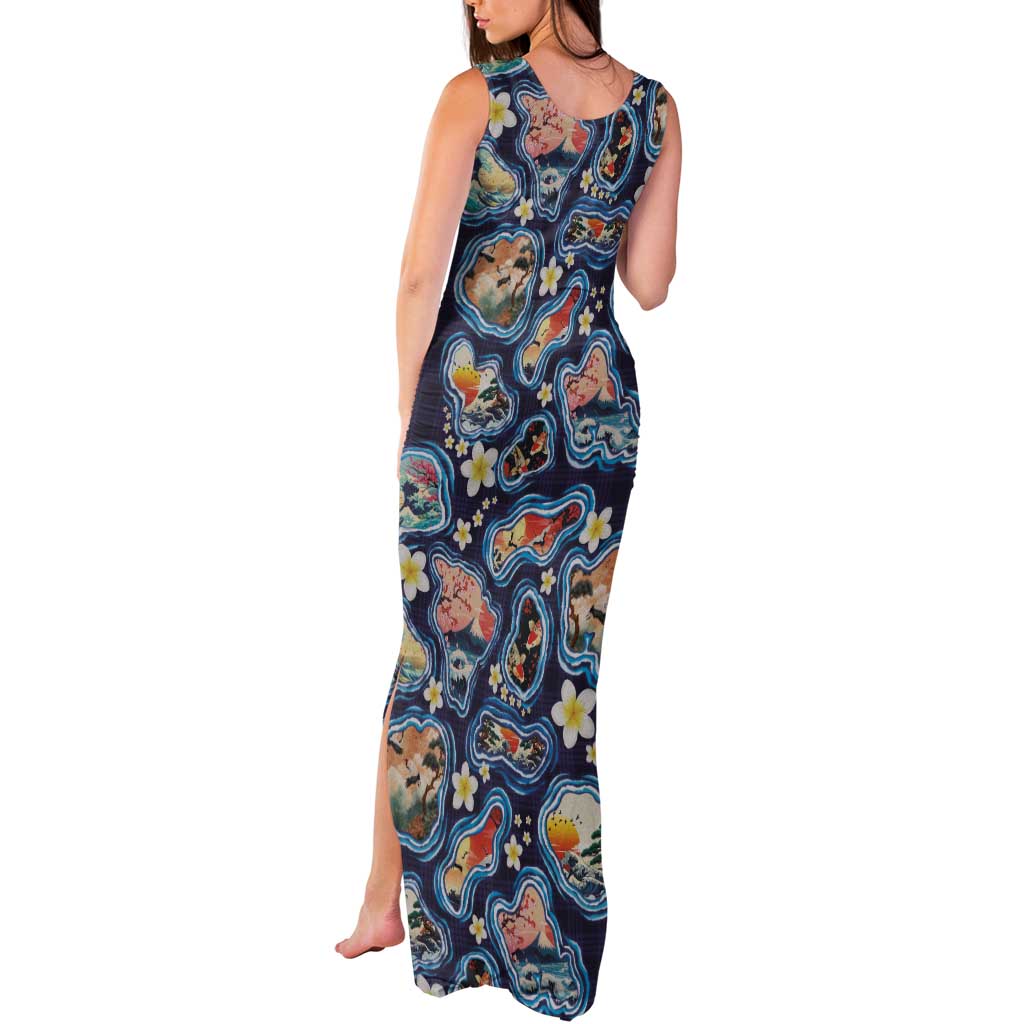 Hawaii Islands Map Design with Japanese Landscape Tank Maxi Dress Hawaiian Japan Fusion Art Navy Color