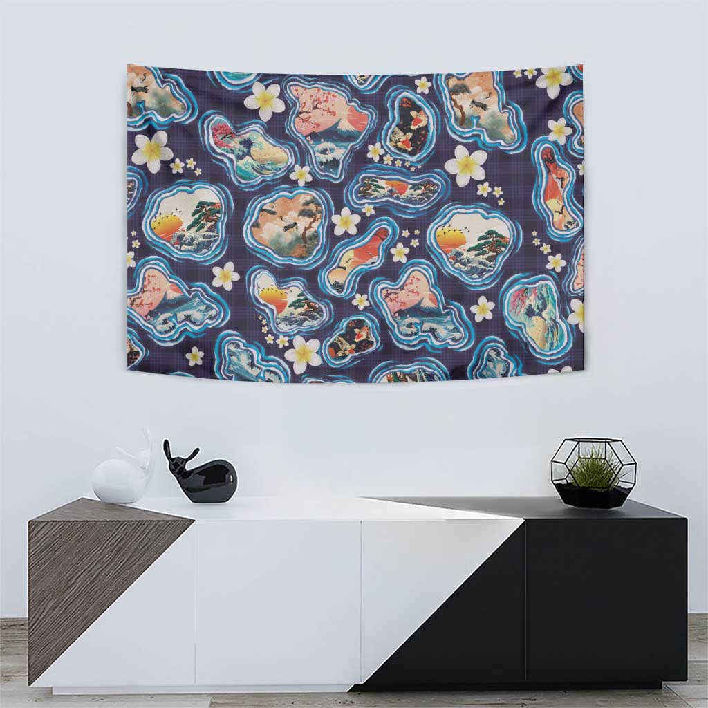 Hawaii Islands Map Design with Japanese Landscape Tapestry Hawaiian Japan Fusion Art Navy Color