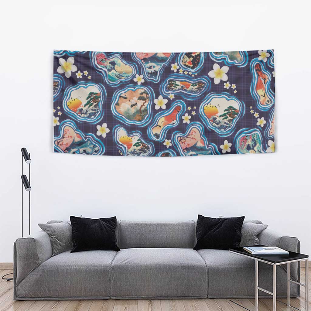 Hawaii Islands Map Design with Japanese Landscape Tapestry Hawaiian Japan Fusion Art Navy Color