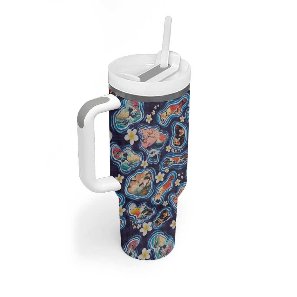 Hawaii Islands Map Design with Japanese Landscape Tumbler With Handle Hawaiian Japan Fusion Art Navy Color
