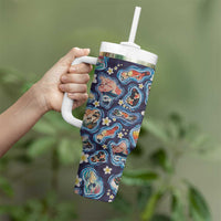 Hawaii Islands Map Design with Japanese Landscape Tumbler With Handle Hawaiian Japan Fusion Art Navy Color