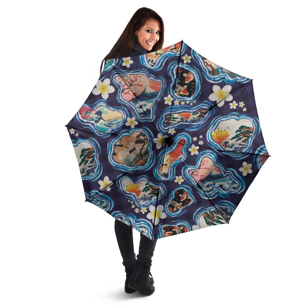 Hawaii Islands Map Design with Japanese Landscape Umbrella Hawaiian Japan Fusion Art Navy Color