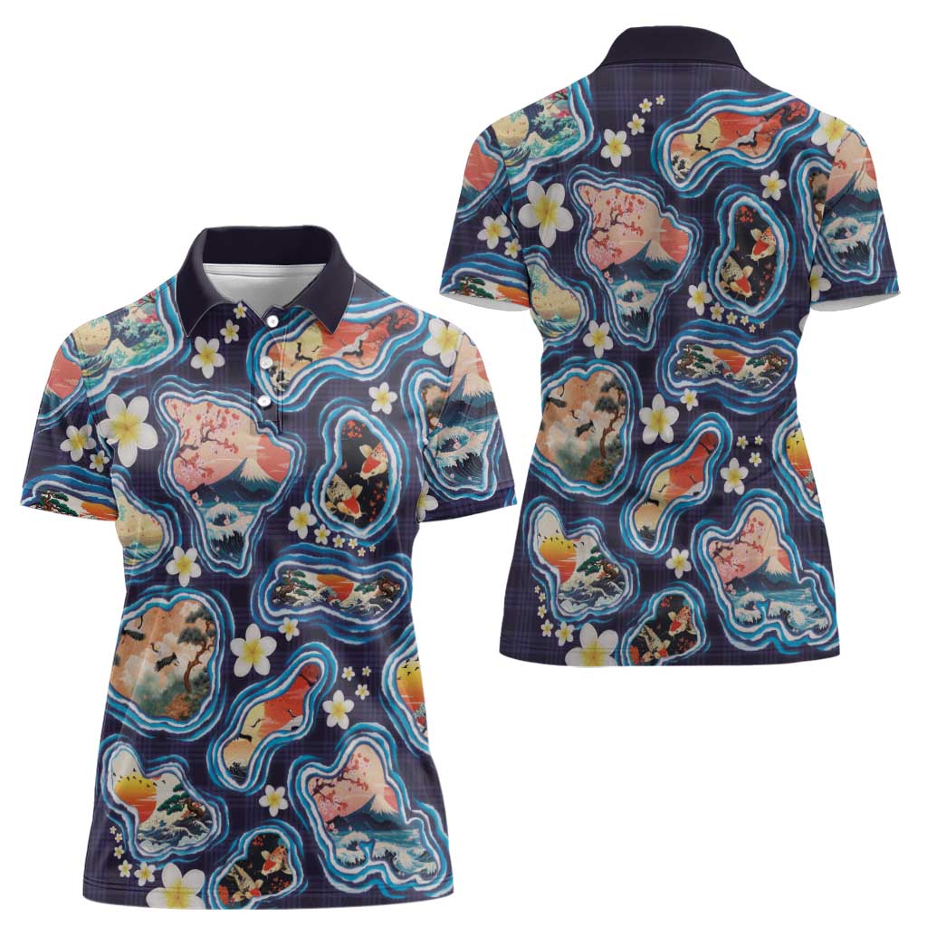 Hawaii Islands Map Design with Japanese Landscape Women Polo Shirt Hawaiian Japan Fusion Art Navy Color