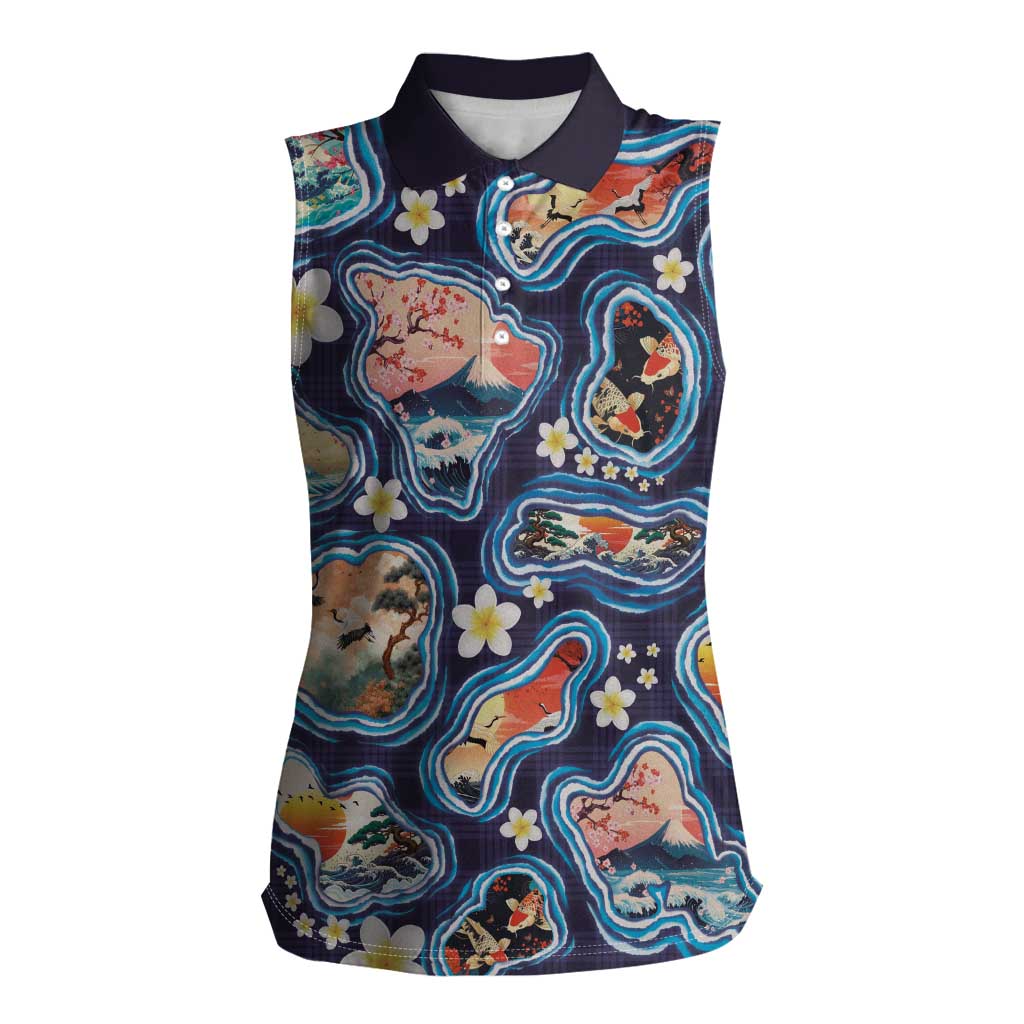 Hawaii Islands Map Design with Japanese Landscape Women Sleeveless Polo Shirt Hawaiian Japan Fusion Art Navy Color