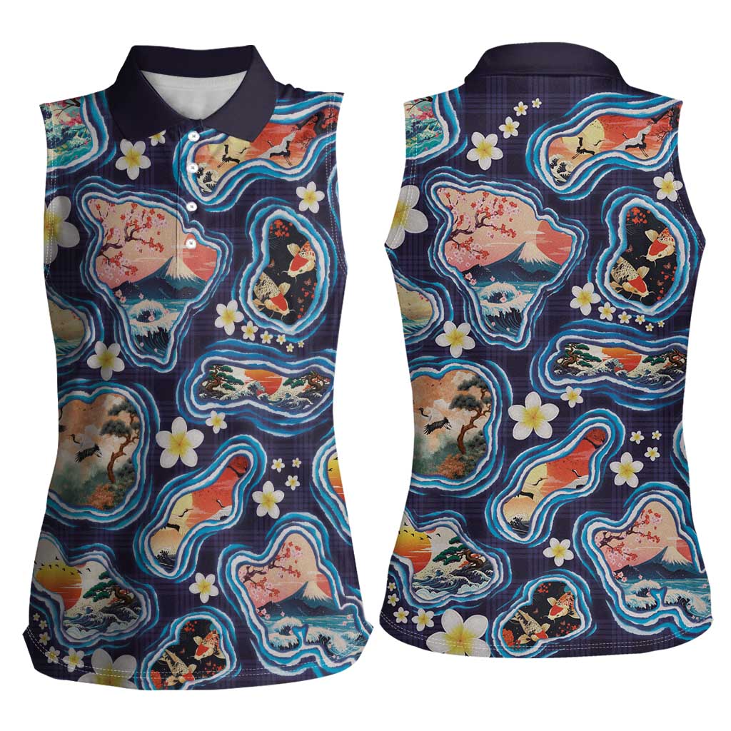 Hawaii Islands Map Design with Japanese Landscape Women Sleeveless Polo Shirt Hawaiian Japan Fusion Art Navy Color