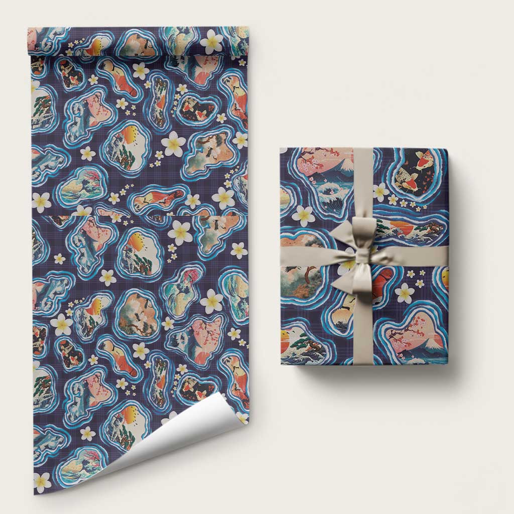 Hawaii Islands Map Design with Japanese Landscape Wrapping Paper Hawaiian Japan Fusion Art Navy Color LT03 58" × 23" Navy - Polynesian Pride