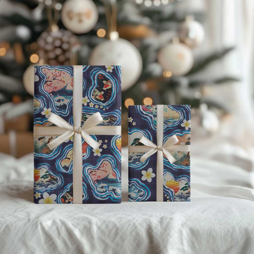 Hawaii Islands Map Design with Japanese Landscape Wrapping Paper Hawaiian Japan Fusion Art Navy Color LT03 - Polynesian Pride