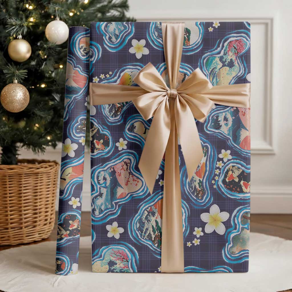 Hawaii Islands Map Design with Japanese Landscape Wrapping Paper Hawaiian Japan Fusion Art Navy Color LT03 - Polynesian Pride