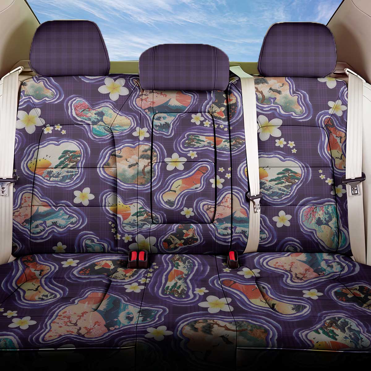 Hawaii Islands Map Design with Japanese Landscape Back Car Seat Cover Hawaiian Japan Fusion Art Purple Color