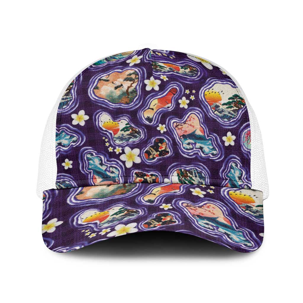 Hawaii Islands Map Design with Japanese Landscape Baseball Net Cap Hawaiian Japan Fusion Art Purple Color LT03 One Size White Purple - Polynesian Pride