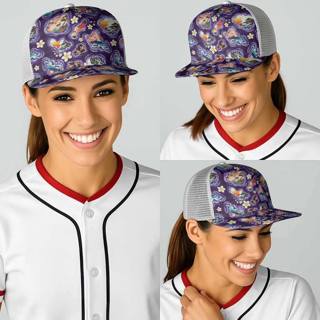 Hawaii Islands Map Design with Japanese Landscape Baseball Net Cap Hawaiian Japan Fusion Art Purple Color LT03 - Polynesian Pride