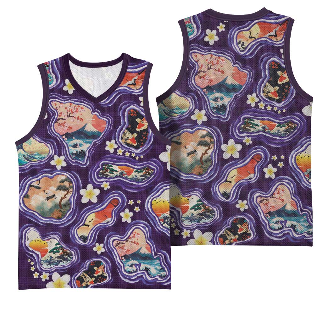 Hawaii Islands Map Design with Japanese Landscape Basketball Jersey Hawaiian Japan Fusion Art Purple Color