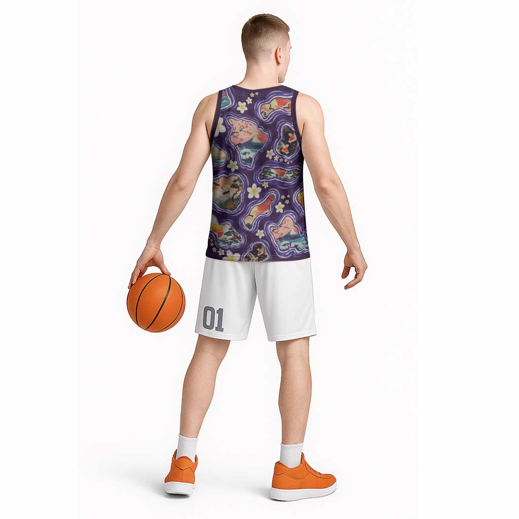 Hawaii Islands Map Design with Japanese Landscape Basketball Jersey Hawaiian Japan Fusion Art Purple Color