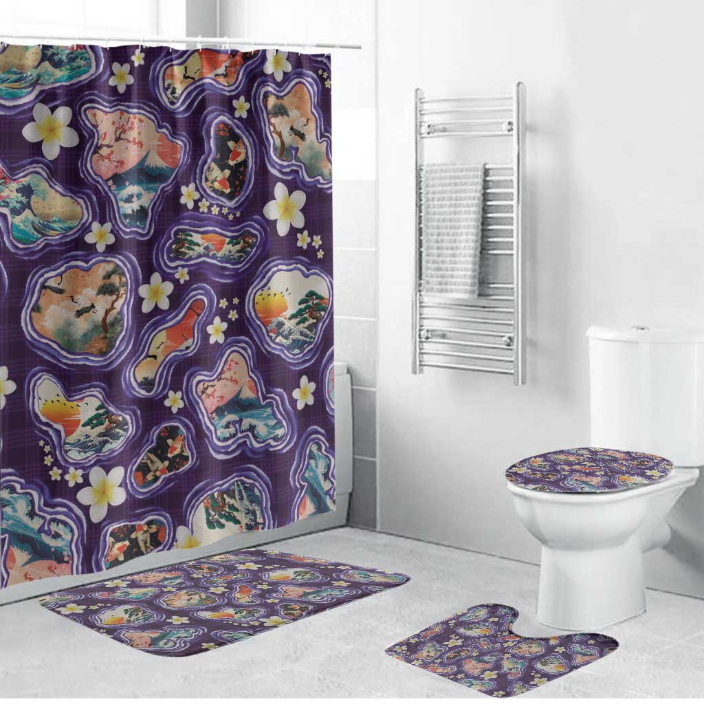 Hawaii Islands Map Design with Japanese Landscape Bathroom Set Hawaiian Japan Fusion Art Purple Color