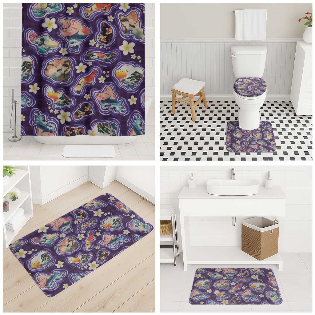 Hawaii Islands Map Design with Japanese Landscape Bathroom Set Hawaiian Japan Fusion Art Purple Color