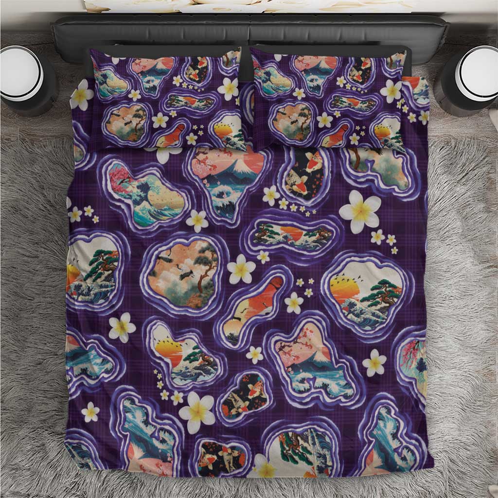 Hawaii Islands Map Design with Japanese Landscape Bedding Set Hawaiian Japan Fusion Art Purple Color