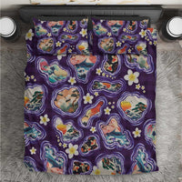 Hawaii Islands Map Design with Japanese Landscape Bedding Set Hawaiian Japan Fusion Art Purple Color
