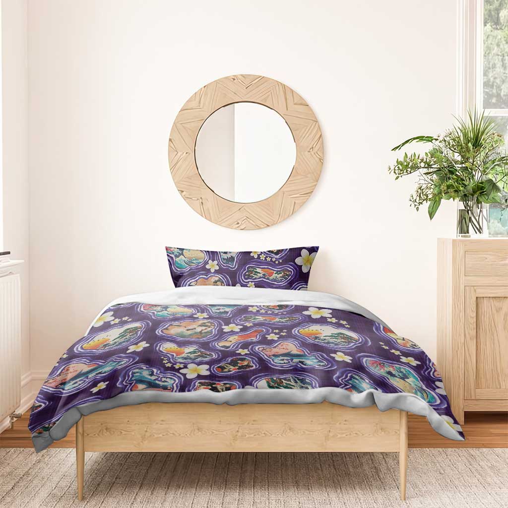 Hawaii Islands Map Design with Japanese Landscape Bedding Set Hawaiian Japan Fusion Art Purple Color