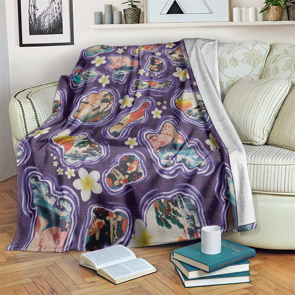 Hawaii Islands Map Design with Japanese Landscape Blanket Hawaiian Japan Fusion Art Purple Color