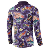 Hawaii Islands Map Design with Japanese Landscape Button Sweatshirt Hawaiian Japan Fusion Art Purple Color