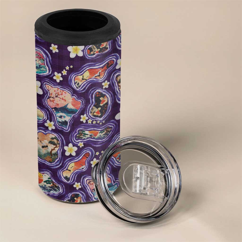 Hawaii Islands Map Design with Japanese Landscape 4 in 1 Can Cooler Tumbler Hawaiian Japan Fusion Art Purple Color
